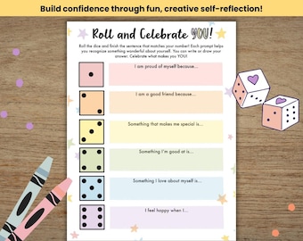 May include: A printable game for self-reflection. The game includes a dice and prompts like "I am proud of myself because..." and "Something I love about myself is..." The game is designed to help people build confidence through fun, creative self-reflection.