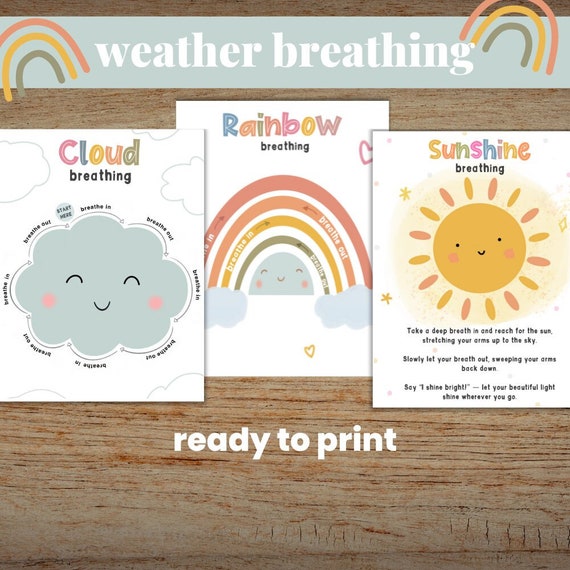 Weather Breathing Printables, Rainbow Breathing, Calming Activities for Kids, Calm Corner, Kids Mindfulness, Weather Activities, Sunshine