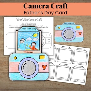 May include: A Father's Day craft project with a camera theme. The image shows a blue, pink, and yellow camera cutout, a photo with a family drawing, and instructions. Text includes "Camera Craft" and "Happy Father's Day."