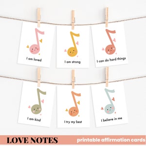Mots d'amour, cartes d'affirmations pour enfants, affirmations d'enfants à imprimer, enfants conscients, éducation musicale, musicothérapie, décoration de classe de musique