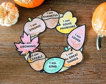 Fall Leaf Wreath Craft for Kids, Growth Mindset Activity, Positive Affirmations, Social Emotional Learning, Autumn Cut and Paste Printable