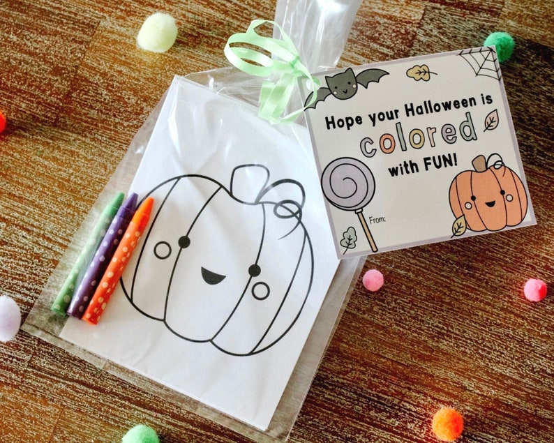 May include: A clear plastic bag filled with a coloring page of a pumpkin with a cute face and four crayons. The bag also includes a small card with the text "Hope your Halloween is colored with FUN!" and a small illustration of a bat, a lollipop, and a pumpkin.