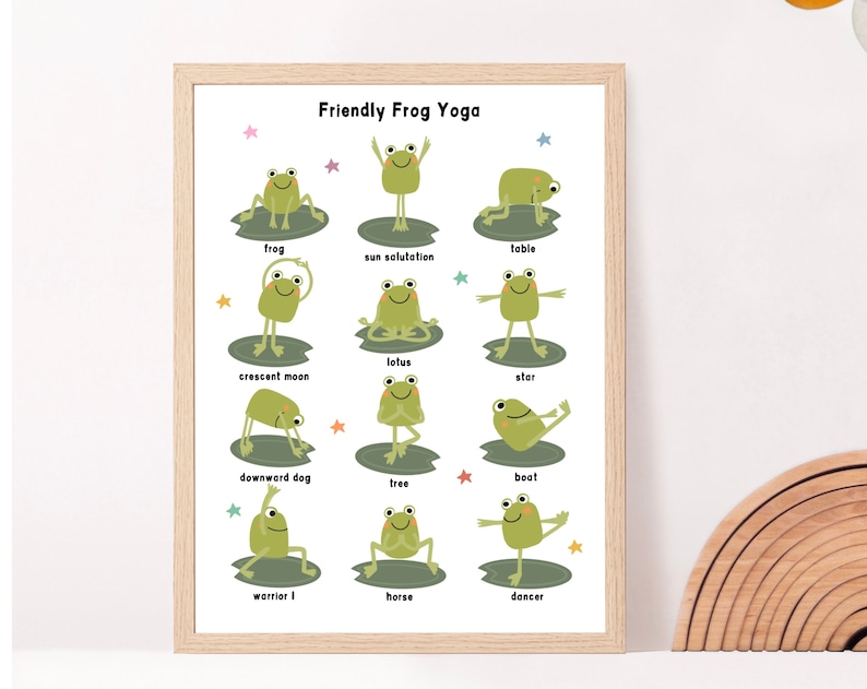 May include: A printable poster with illustrations of frogs in different yoga poses. The poses are labeled with the names of the yoga poses, such as "frog", "sun salutation", "table", "lotus", "crescent moon", "star", "downward dog", "tree", "boat", "warrior I", "horse", and "dancer".