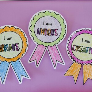 Insignias de cinta con premio de afirmación, aprendizaje socioemocional, atención plena para niños, tarjetas para colorear con afirmaciones, arteterapia, autoestima