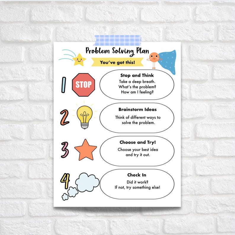 May include: A colorful problem-solving plan poster with the text "Problem Solving Plan" and "You've got this!". The steps include Stop and Think, Brainstorm Ideas, Choose and Try, and Check In. The poster is taped to a white brick wall.