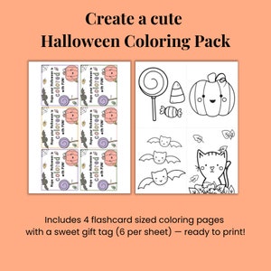 May include: Printable Halloween coloring pages featuring a pumpkin, bat, cat, and lollipop. The pages are designed to be used as flashcards and include a gift tag that says "Hope your Halloween is colored with FUNI".