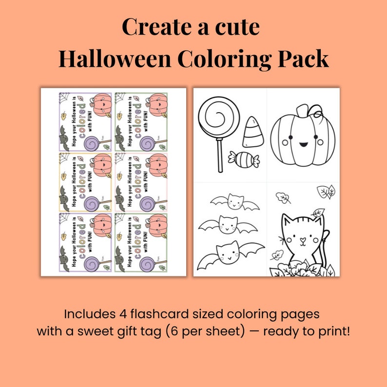 May include: Printable Halloween coloring pages featuring a pumpkin, bat, cat, and lollipop. The pages are designed to be used as flashcards and include a gift tag that says "Hope your Halloween is colored with FUNI".