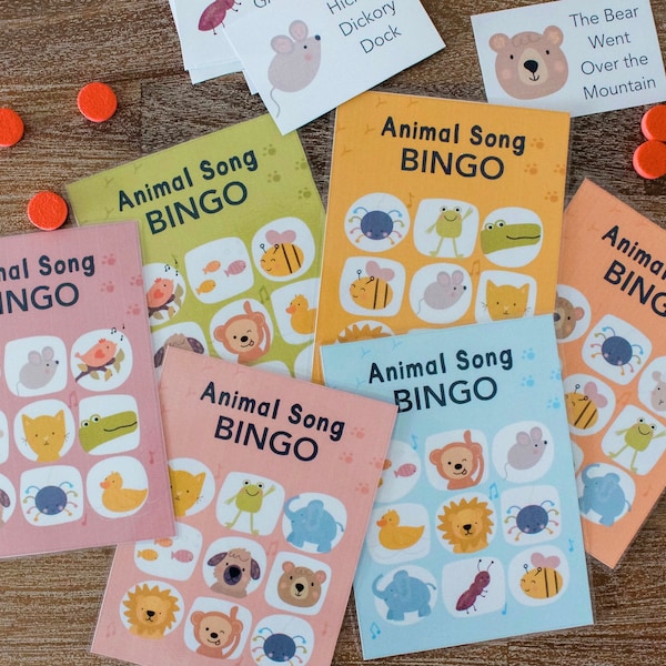 Tarjetas de bingo imprimibles con canciones de animales, Bingo imprimible, actividades preescolares, actividades de jardín de infantes, música preescolar, tarjetas de bingo para niños,