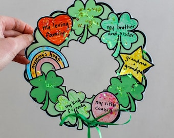 Lucky Gratitude St. Patrick’s Day Wreath Craft, March Preschool Printables, Four Leaf Clover Wreath