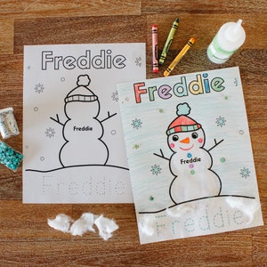 Personalized Snowman Name Colouring Page, Winter Preschool Printable, Preschool Name Tracing, Winter Colouring Page