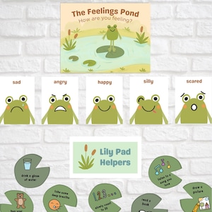 Puede incluir: Conjunto educativo con temática de ranas, que incluye un póster y tarjetas. El póster dice "The Feelings Pond" y "How are you feeling?" con una rana en un nenúfar. Las tarjetas muestran ranas que expresan varias emociones.