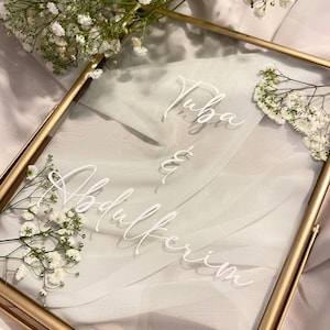 Personalisierte Tischaufsteller, Tischkarten, Hochzeitsdeko, Willkommensschild, Empfangstafel, goldener Bilderrahmen aus Glas, Geschenk