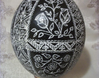 Hand etched Eastern European style  ostrich egg