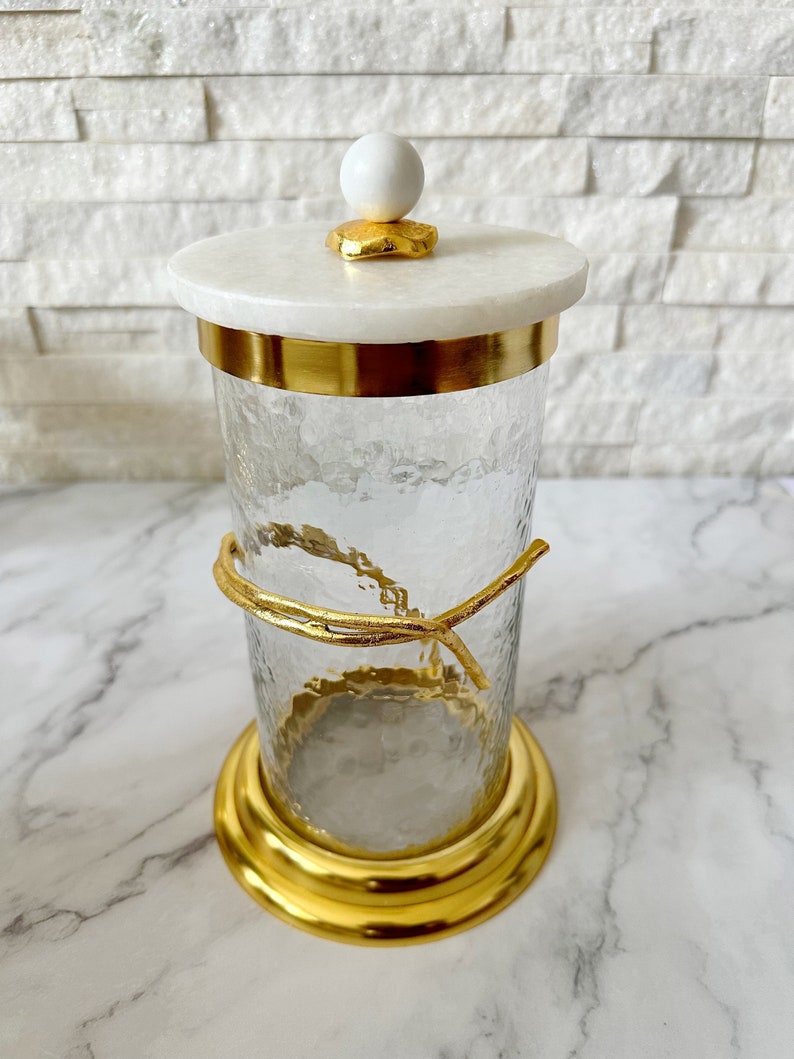 Gold Glass Canister With Gold Branch and White Marble Lid Etsy