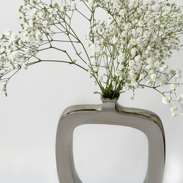 Silver Ceramic Modern Vase| Silver Glam Vase| Minimalist Ceramic Vase| Style for living room, dining room, table and bookshelf decor