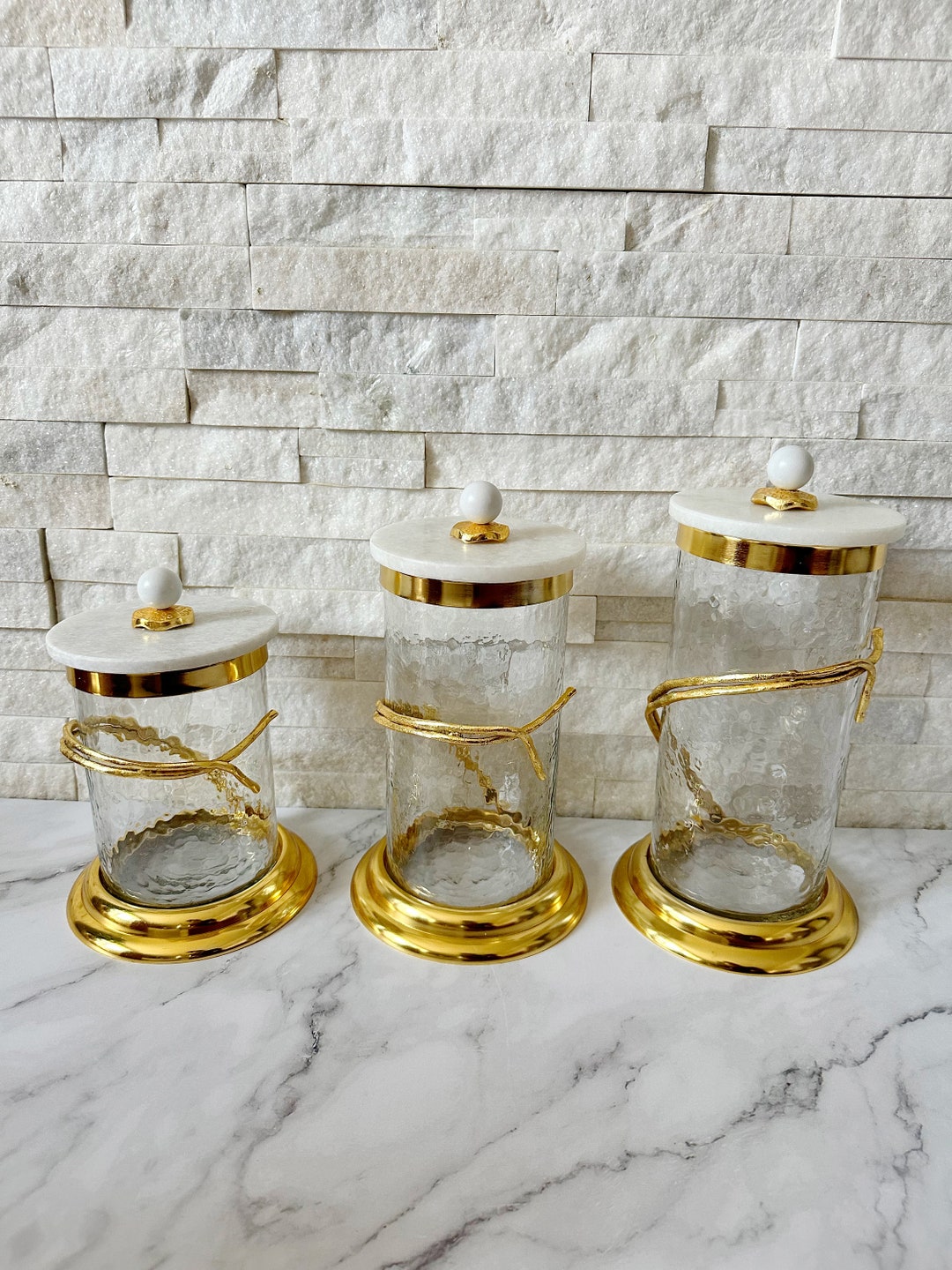 Gold Glass Canister With Gold Branch and White Marble Lid Kitchen