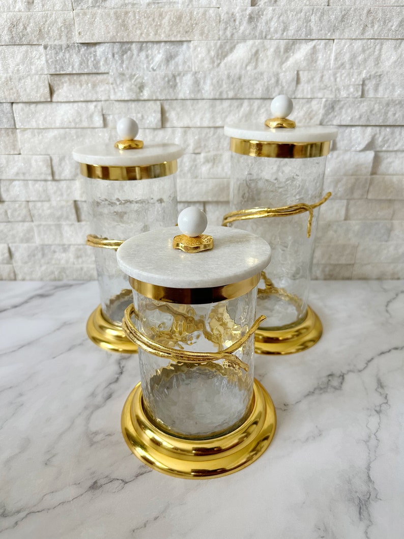 Gold Glass Canister With Gold Branch and White Marble Lid Etsy