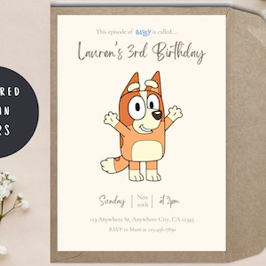 May include: A birthday invitation featuring a cartoon dog from the show "Bluey" with the text "This episode of Bluey is called... Lauren's 3rd Birthday" and details for the party, including the date, time, and location.