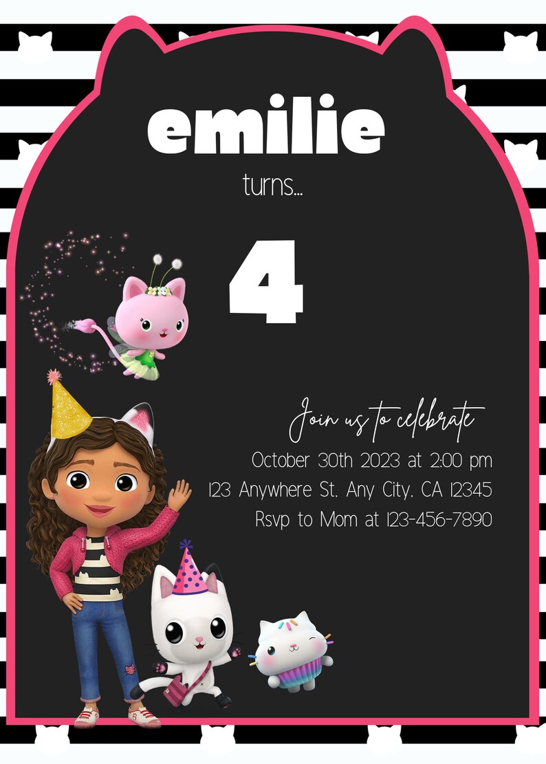 Gabbys Dollhouse Birthday Invitation// Gabbys Dollhouse Theme// Gabbys Dollhouse Party Etsy