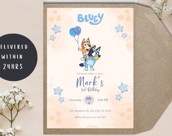 Bluey Birthday invitation// Cute Boy Bluey invitation// Blue Bluey Invitation// Modern Bluey Invitation