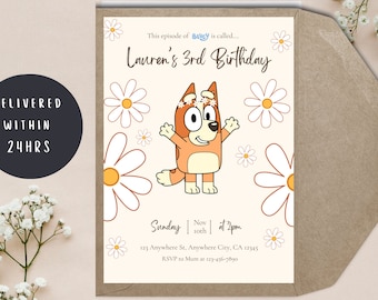 Bingo Birthday Invitation// Bluey birthday// Bluey Party Invitation// Bingo Party// Cute Bluey Invitation// Flower Bluey Invitation