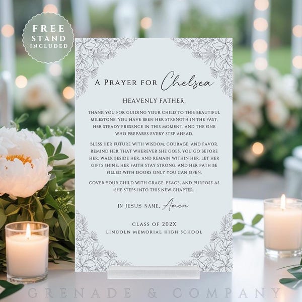 Graduation Prayer Custom Acrylic Sign, Christian Party Table Decor, Faith-Based Centerpieces, Minimalist Modern Floral Design 8"x12"