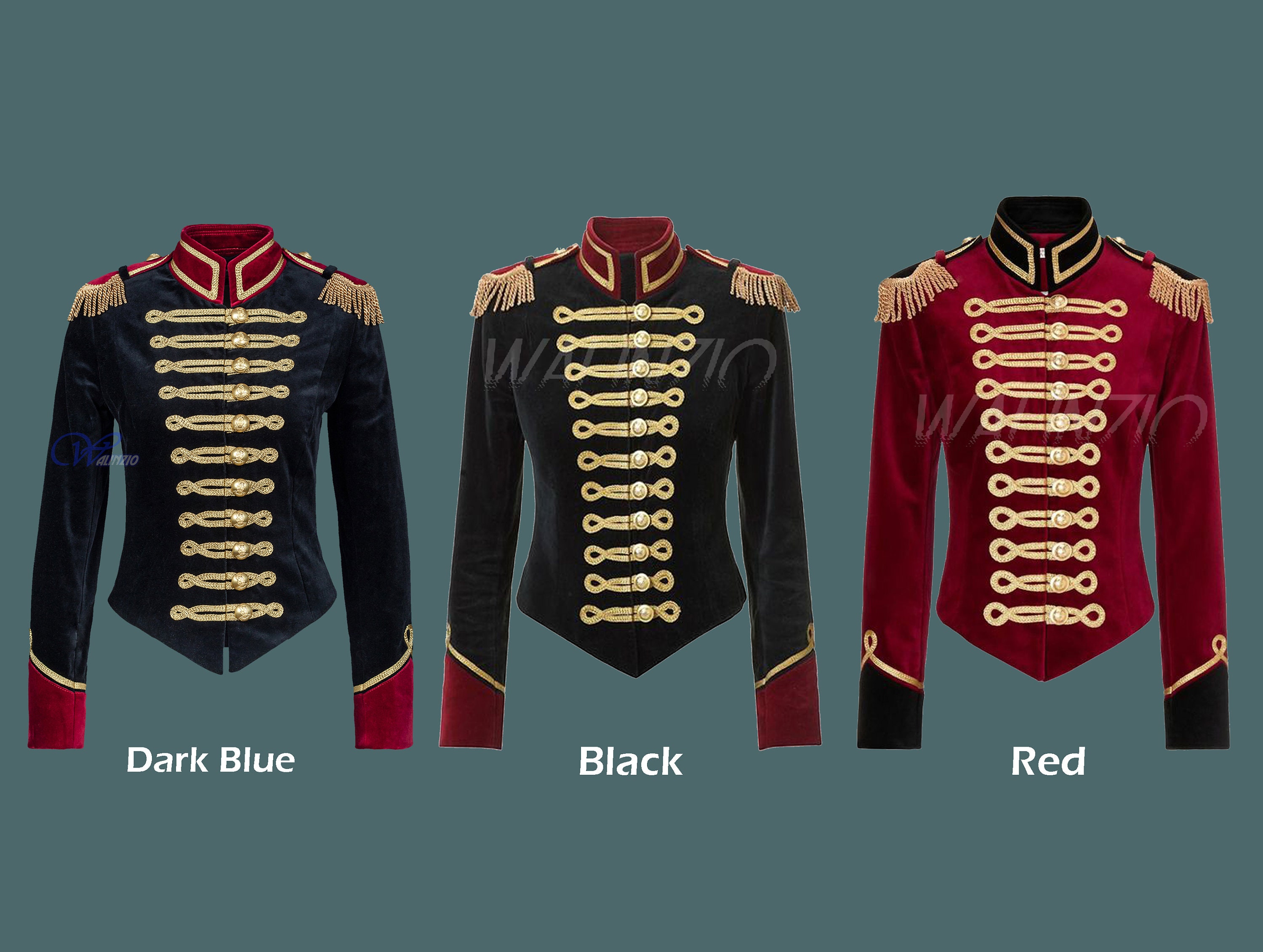 Women Red Black Wool Military Commander Officer Hussar Gothic Band Jacket