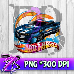 May include: A blue and white Hot Wheels car graphic with the Hot Wheels logo. The car has a checkered pattern on the hood and is set against a cityscape and rainbow arc. The image also includes the text "PNG *300 DPI".