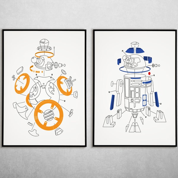 Black and White Star Wars Print Set | R2D2 Print | BB-8 Print | Print From Home | Minimalist Star Wars | Abstract Star Wars Poster | Droids