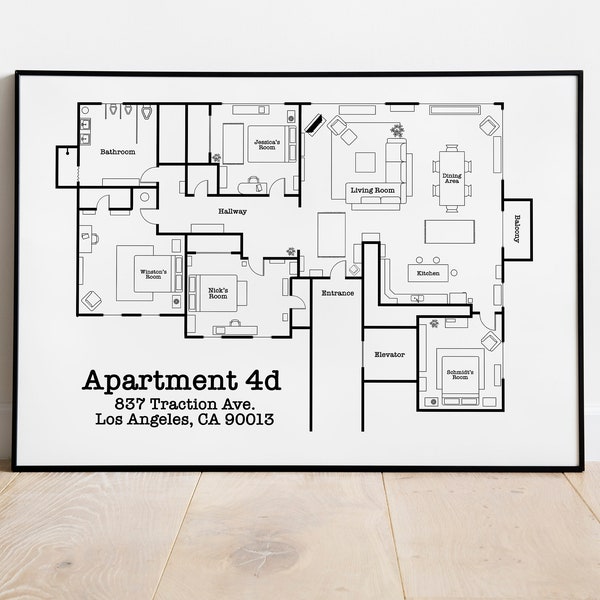 Plan d'étage de la nouvelle fille | Nouvelle impression bleue de fille | Carte de New Girl Appartement | Plan d'étage de la télévision | Décoration d'intérieur moderne | Téléchargement instantané