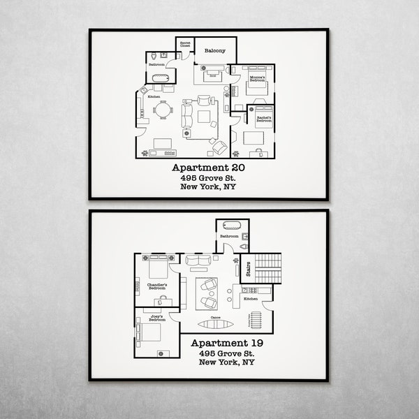 Plan d'étage de l'appartement des amis | Chandler et Joey | Monique et Rachel | Plan des appartements Friends | Plan d'étage de la télévision | Décor minimaliste