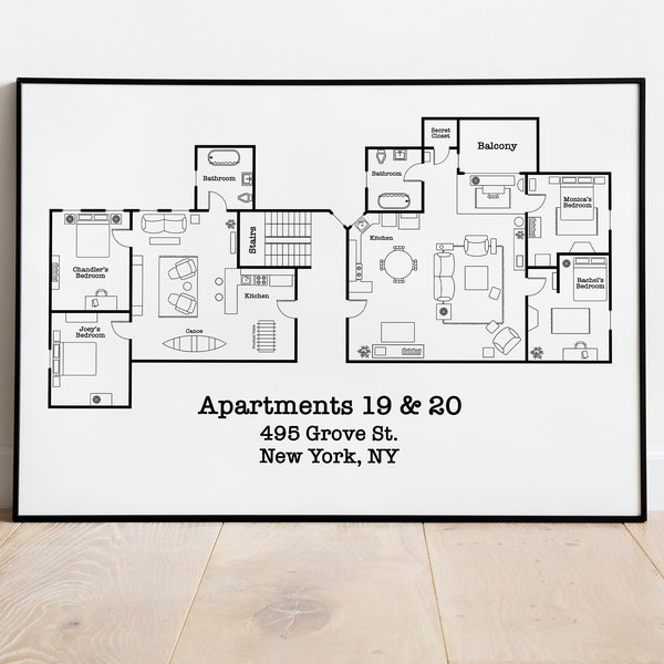 Plan d'étage de l'appartement d'amis | Chandler et Joey | Monica et Rachel | Plan des appartements de Friends | Télévision Plan d'étage | Décoration minimaliste