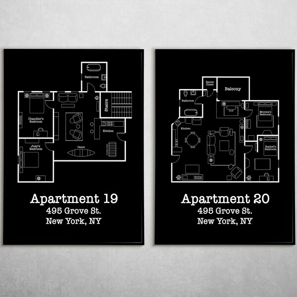 Plan d'étage de l'appartement d'amis | Chandler et Joey | Monica et Rachel | Plan des appartements de Friends | Télévision Plan d'étage | Décoration minimaliste