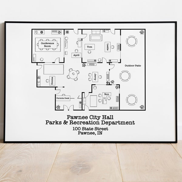 Parks and Recreation Floor Plan | Map of Pawnee City Hall | Parks and Rec | Television Floor Plan | Minimalist Home Decor | Instant Download