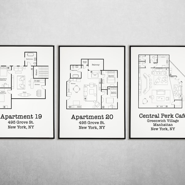 Plan d'étage de l'appartement d'amis | Chandler et Joey | Monica et Rachel | Ensemble d'affiches d'amis | Décoration minimaliste en noir et blanc | Avantages centraux