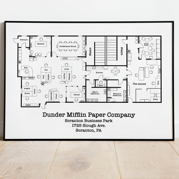 Dunder Mifflin-plattegrond | De kantoorshow | De kantoorafdruk | Kaart van Dunder Mifflin | Televisieplattegrond | Minimalistisch huisdecor