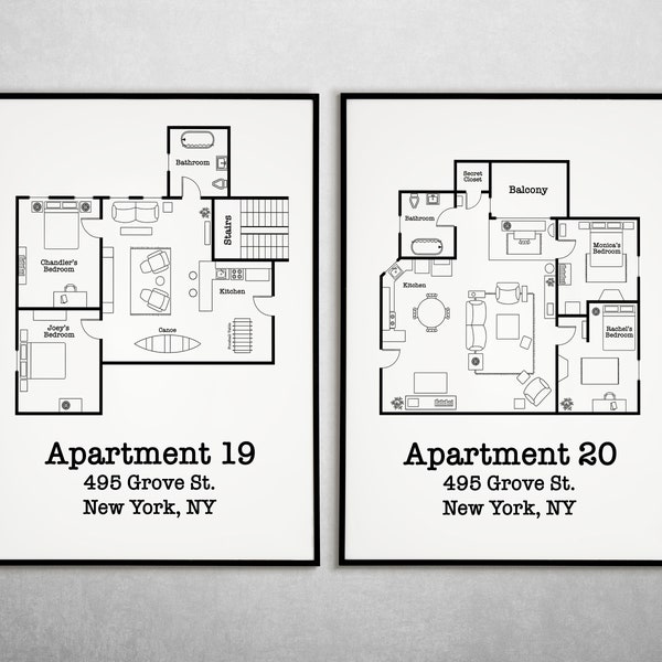 Plan d'étage de l'appartement d'amis | Ensemble d'imprimés d'amis | Art minimaliste en noir et blanc | Impression depuis la maison | Monica et Rachel | Chandler et Joey