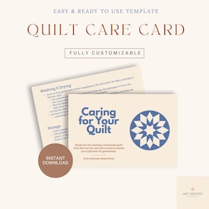 May include: A cream-colored quilt care card template featuring blue text and a geometric star graphic. The card displays the title Caring for Your Quilt, instructions for washing, drying, and storage, and a placeholder for a business name.