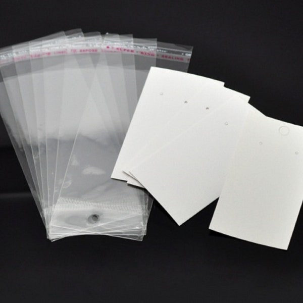 Pack of 100 Sets - Blank for You to Customize - Paper & Plastic Jewelry Earrings Display Cards Rectangle White W/Self-Seal Bags