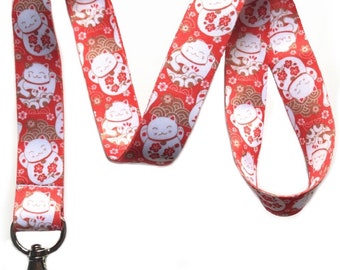 Maneki Neko Fortune Cat Print Lanyard ID Badge Holder w/ Decorated Card Insert