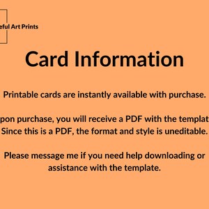 Puede incluir: Texto sobre un fondo melocot&oacute;n que dice "Tasteful Art Prints" y "Informaci&oacute;n de la tarjeta". El texto que aparece a continuaci&oacute;n explica que las tarjetas imprimibles est&aacute;n disponibles instant&aacute;neamente con la compra y que el comprador recibir&aacute; un PDF con la plantilla. El texto tambi&eacute;n indica que el formato y el estilo del PDF no se pueden editar. El texto termina pidiendo al comprador que se ponga en contacto con el vendedor si necesita ayuda para descargar o asistencia con la plantilla.