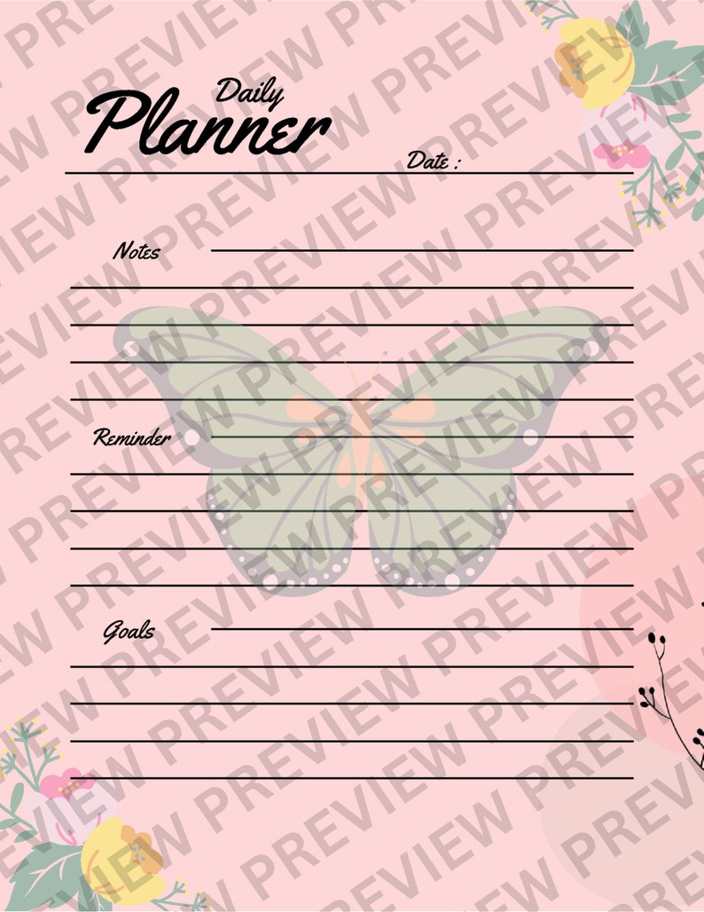 May include: A pink daily planner with a butterfly design and floral accents. The planner has sections for notes, reminders, and goals.