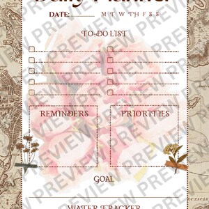 Puede incluir: Un planificador diario imprimible con un dise&ntilde;o floral. El planificador incluye secciones para listas de tareas, recordatorios, prioridades, objetivos y un seguimiento del agua. El planificador est&aacute; decorado con un dise&ntilde;o floral de acuarela.