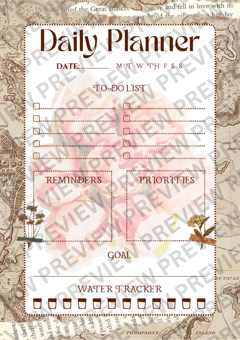 Puede incluir: Un planificador diario imprimible con un dise&ntilde;o floral. El planificador incluye secciones para listas de tareas, recordatorios, prioridades, objetivos y un seguimiento del agua. El planificador est&aacute; decorado con un dise&ntilde;o floral de acuarela.