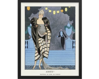 Puede incluir: Ilustración de moda vintage enmarcada con una mujer en un vestido de noche y capa. La obra de arte, en tonos de negro, gris y blanco, incluye el texto "ADIEU! Manteau du Soir, De Worth."