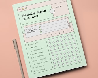 Puede incluir: Un rastreador de humor semanal imprimible verde y blanco con una sección para enumerar tres cosas que te hacen sentir bien y una cuadrícula para rastrear tu humor cada día de la semana. El rastreador incluye una sección para anotar el mes actual.