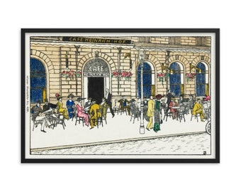 May include: A vintage illustration of a cafe called "Cafe Heinrich Hof" with people sitting at tables outside. The cafe has a brick facade with arched windows and a sign above the entrance. The illustration is in black and white with some color accents.