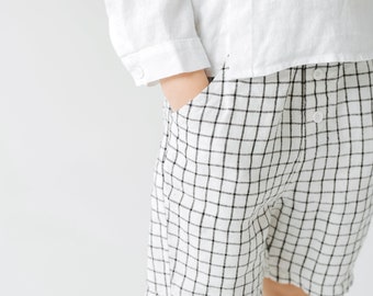 Boys Natural Checked Grid Linen Shorts Handmade in EU