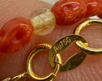 Naszyjnik choker z żółtego złota 18K z prawdziwymi naturalnymi czerwonymi koralami, złotym rutylowym kwarcem, 16-calowym stemplem, AU750, warstwowy, prezent do układania w stosy