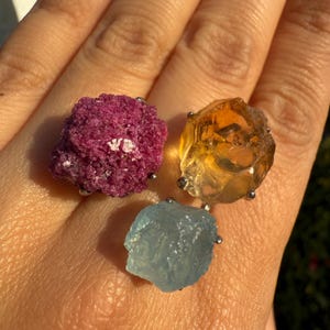 One of A Kind Natural Ruby Aquamarine Citrine Freeform Mineral Rough Bold Statement Ring Size Adjustable Pop of Color Birthstone Unisex Gift